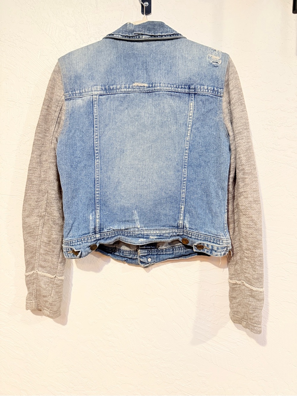 Free People -Light Blue Denim Jacket with Gray Knit Sleeves - Picture 2 of 4
